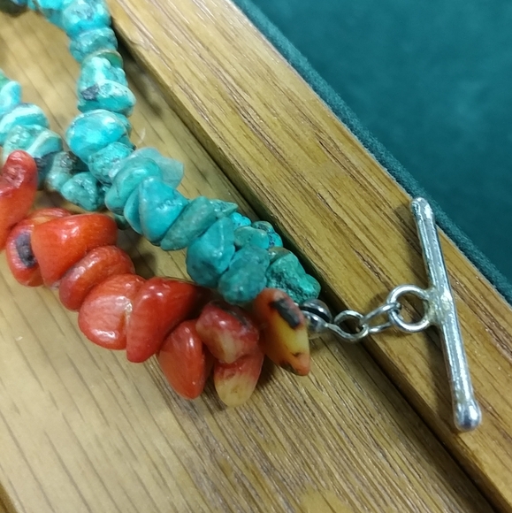 Turquoise Chip & Coral Bracelet 3 Strand 925 Sterling Silver 8" Long - Picture 8 of 16